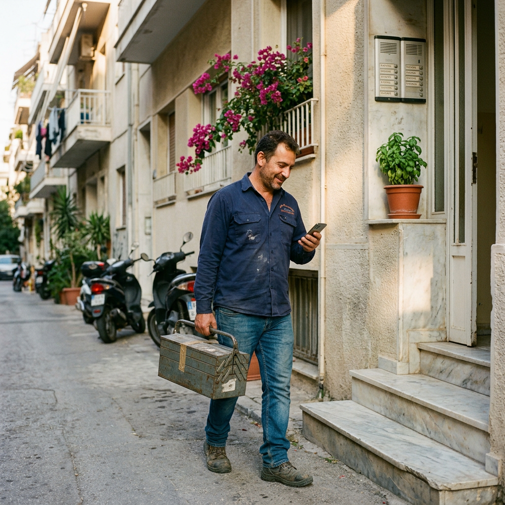 Έλληνας μάστορας με tablet που δείχνει το MastorAI dashboard